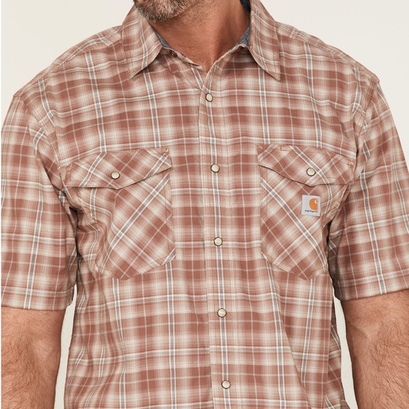 Carhartt Rugged Flex Nutmeg Plaid Relaxed Short Sleeve Snap Western Shirt - Sz L - Picture 2 of 16